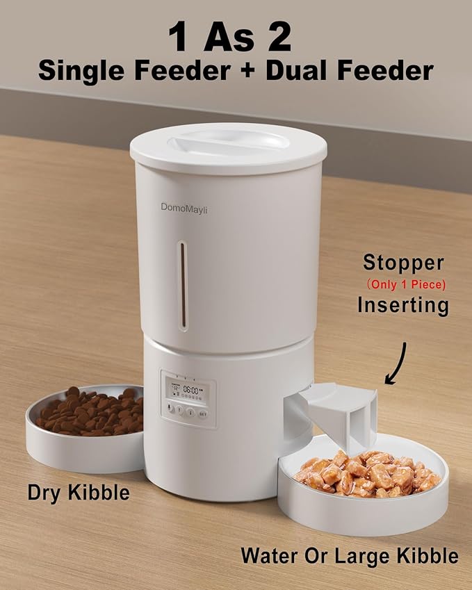 Automatic Dual Cats Feeder for 2 Cats,6 Meals/Day,12 Portions/Meal,Dual Power Auto Pet Feeder Dry Food Dispenser,Flexible Schedule Timer 10S Voice Record (White, ABS Dual Bowls)-PawvioPets