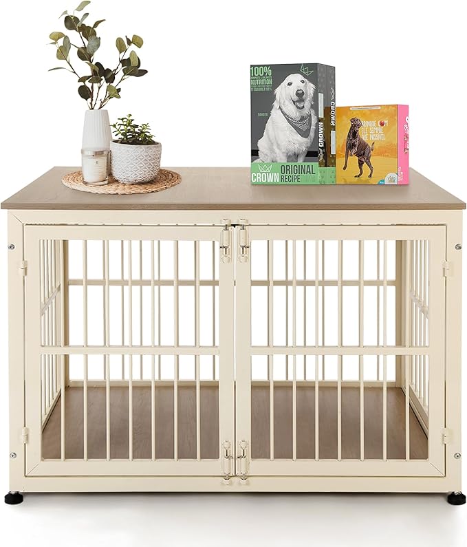 32 Inch Heavy Duty Dog Crate Furniture for Medium and Small Dogs, Decorative Pet House End Table, Wooden Cage Kennel Furniture Indoor with Double Doors, Sturdy Dog Cage for Anxiety Dog-PawvioPets