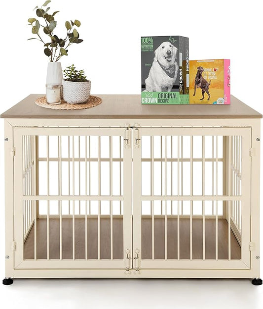 32 Inch Heavy Duty Dog Crate Furniture for Medium and Small Dogs, Decorative Pet House End Table, Wooden Cage Kennel Furniture Indoor with Double Doors, Sturdy Dog Cage for Anxiety Dog-PawvioPets