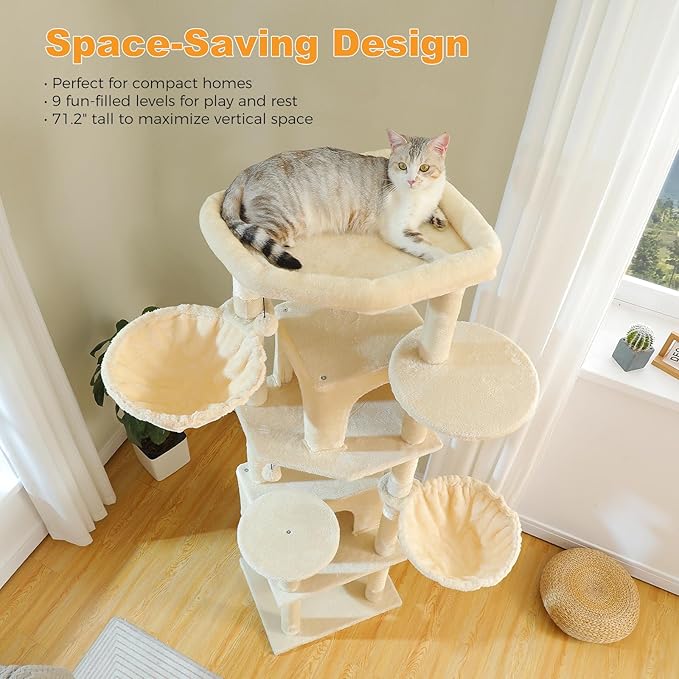 71.2" Tall Cat Tree for Indoor Cats - 9-Level Multi-Cat Tower w/5 Sisal Scratching Posts, 2 Condos, 3 Hammocks, Perch & Pom Poms - Heavy-Duty for Adult Cats, Space-Saving Plush Beige-PawvioPets
