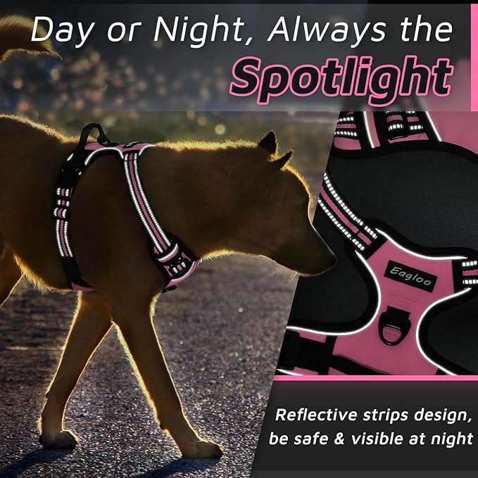 Eagloo Dog Harness Medium Sized Dog, No Pull Service Vest with Reflective Strips and Control Handle, Adjustable and Comfortable for Walking, No Choke Pet Harness with 2 Metal Rings, Pink, M-PawvioPets