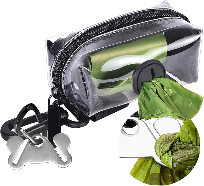Clear Metal Dog Waste Bag Dispenser & Holder - Portable, 1 Hand Free, Fits Leash Accessory, Set Includes Dog Poop Bags-PawvioPets