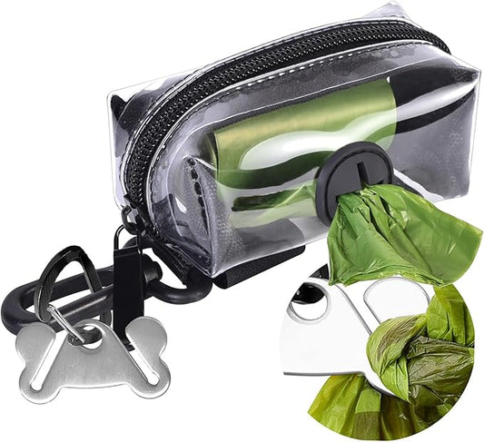 Clear Metal Dog Waste Bag Dispenser & Holder - Portable, 1 Hand Free, Fits Leash Accessory, Set Includes Dog Poop Bags-PawvioPets
