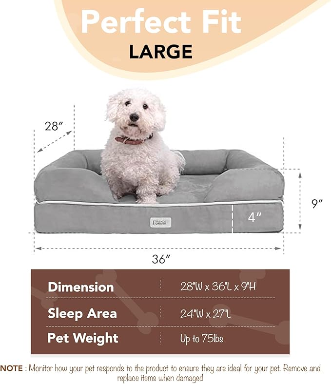 Friends Forever Large Dog Bed, Orthopedic Pet Sofa Memory Foam Mattress, Calming Dog Couch, Wall Rim Pillow, Water Resistant Liner, Washable Cover, Non-Slip Bottom, Chester, Large Grey-PawvioPets