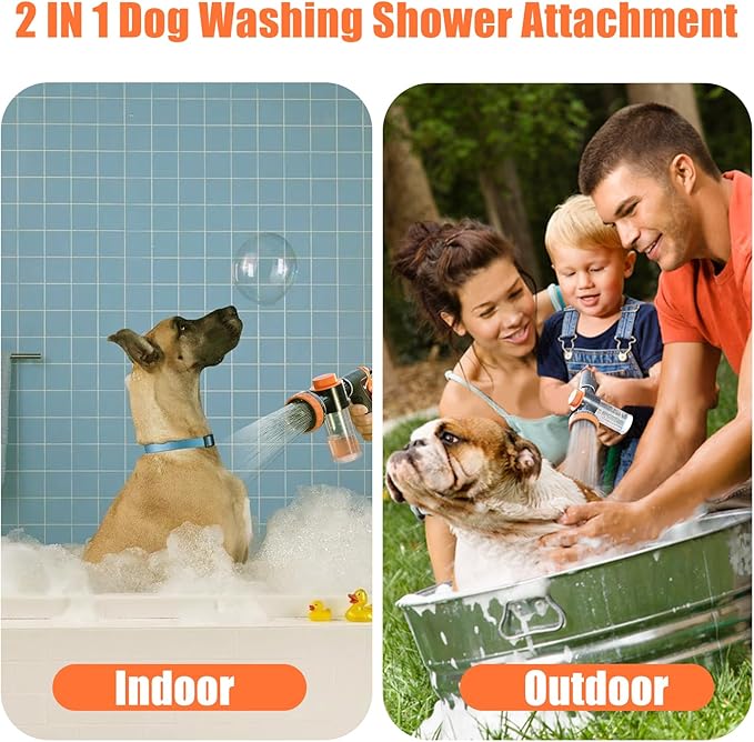 Dog Washing Hose Attachment for Pet Bathing with Black Shower Diverter, Pup Dog Wash Hose Nozzle Shampoo Sprayer for Indoor Outdoor Pet Shower, Dog Shower Attachment with Dog Brush-PawvioPets