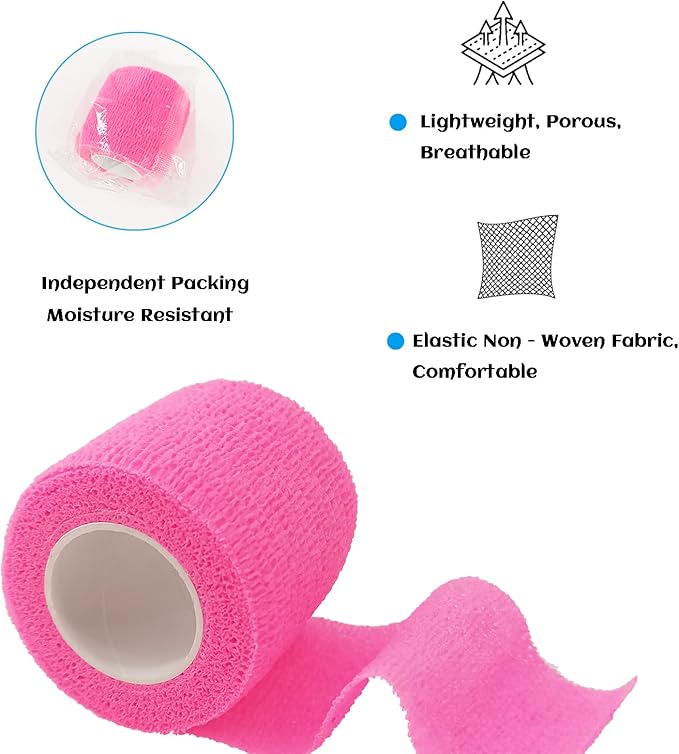 24 Rolls Pink Elastic Self Adhesive Bandage Wrap, Breathable Flexible Fabric Non Woven Cohesive Bandage, Ankle Sprains Swelling Medical First Aid Sports Athletic Tape, Dogs Pet Vet Wrap 2 in x 5 Yards-PawvioPets