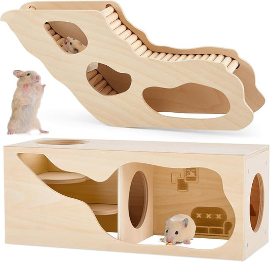 2 Pcs Hamster Houses and Hideouts Hamster Tunnel Set Wood House for Hamster with Climbing Ladder Exploring Tunnel Multi Chamber Maze for Small Animals Pets Gerbils Hedgehogs Rats Mice-PawvioPets