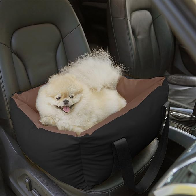 Dog Car Seat for Small Dogs, Large Leather Dog Car Bed with Storage Pocket, Waterproof PVC Leather Booster Seat Travel Bed for Front & Back Seat, Clip-On Safety Leash (Black/Brown)-PawvioPets
