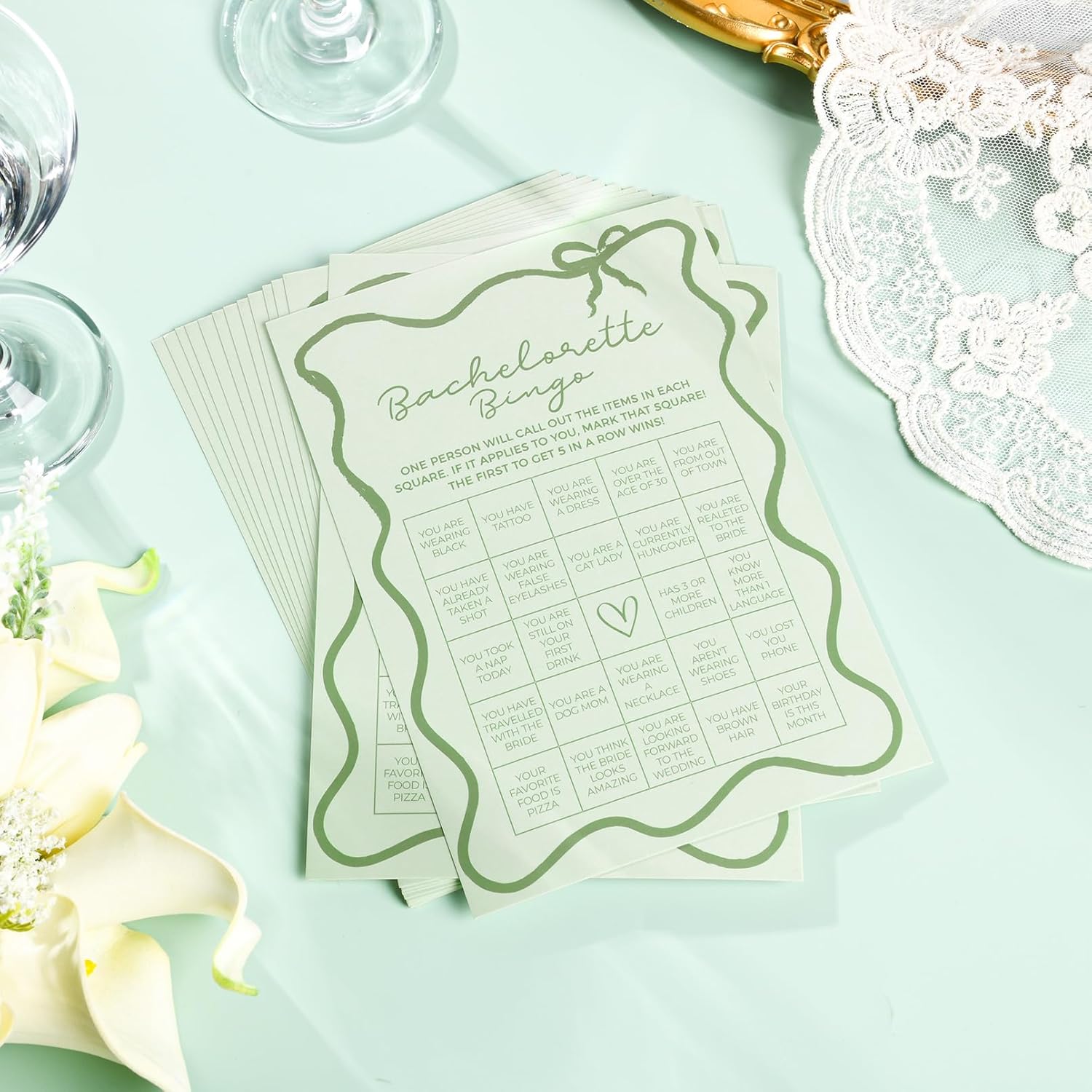 DEEKA 30 PCS Bridal Shower Games Card for 30 Guests Sage Green Wavy Border Ribbon Bow Funny Wedding Bachelorette Party Games for Reception (Bachelorette Bingo)