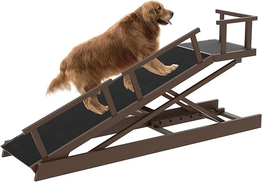 6 Level Height Adjustable Dog Ramp for Bed, Couch 65" Foldable Pet Ramp with Non-Slip Mat，DIY Glow Strips & Rest Platform Heavy Duty Dog Stairs for Large Dogs up to 200Lbs ，Brown-PawvioPets