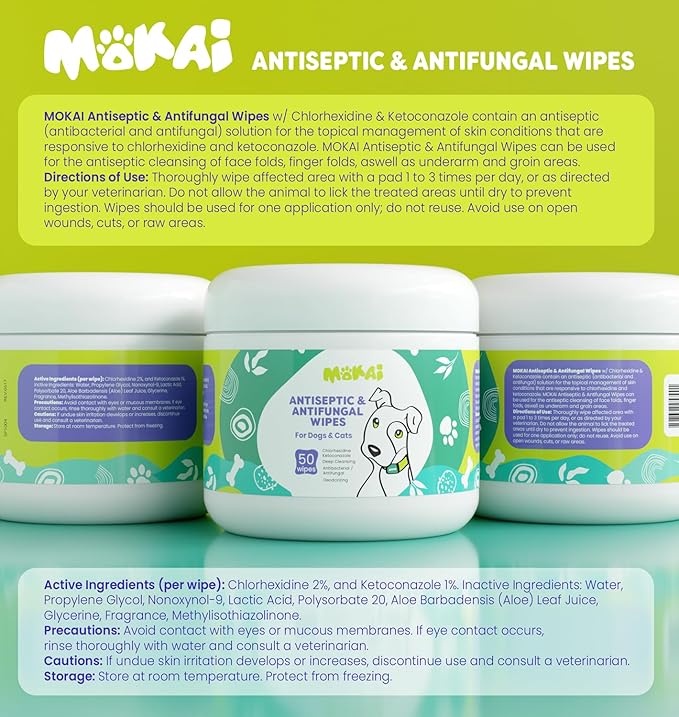 Antiseptic Wipes for Dogs Cats and Horses | Dog Chlorhexidine Wipes with Ketoconazole Dermatological Pads Hot Spots Itchy Paws Skin Rashes-PawvioPets