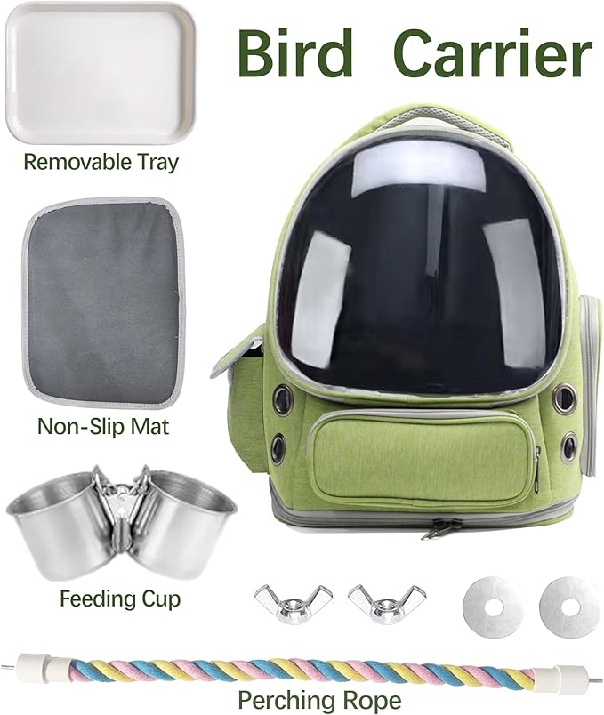 Bird Backpack Carrier Travel Cage with Perch, Tray &Food Cups for African Greys, Conures Parakeet Cockatiel Budgie,Small Animal Pet Carrier Bag for Vet Hiking Camping-PawvioPets