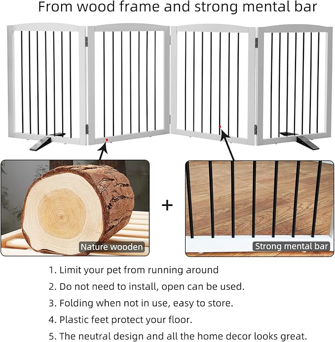 Freestanding Panel Dog Gate for Indoor, Doorways, Stairs, or Hallways - Foldable Wooden Pet Fence With Support Feet - 24" Height, 4 Panels, White-PawvioPets