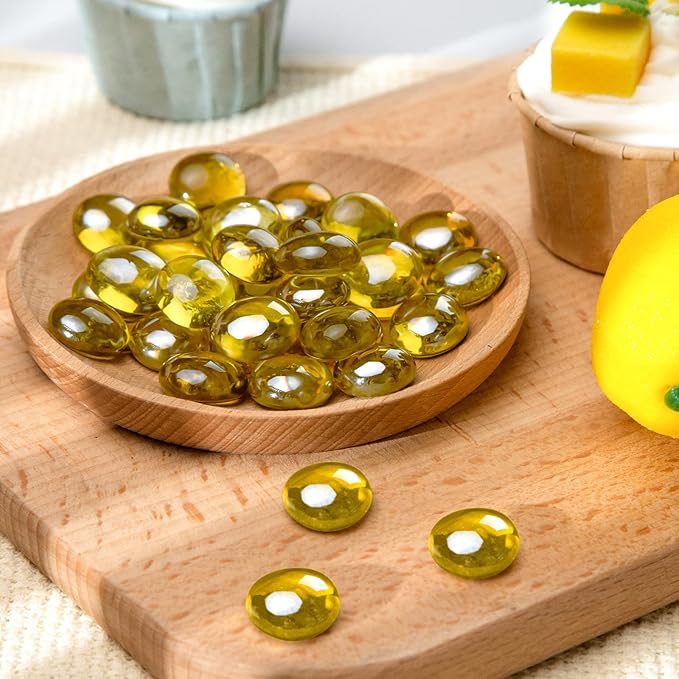 FUTUREPLUSX 1LB Yellow Glass Marbles, Flat Marbles Glass Beads Vase Fillers Decorative Rocks Gold Gemstones for Centerpieces Aquarium Table Scatter Home Decor-PawvioPets