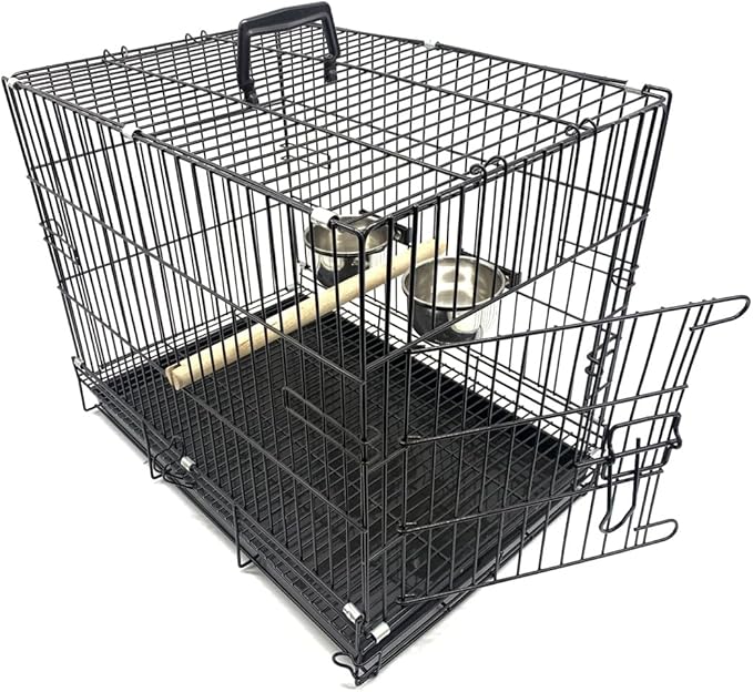 Durable Easy Portable Collapsible Metal Travel or Veterinary Collapsable Parrot Bird Carrier Beaks-Proof Easy Clean Carrier Cage with Stainless Steel Feeder Bowls Natural Wooden Perch-PawvioPets