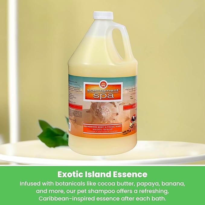 Best Shot Scentament Spa Seasonal Body and Facial Wash, Tearless Shampoo, Hypoallergenic Body Wash, Removes Tear Stains, Exotic Island, 1 Gallon-PawvioPets