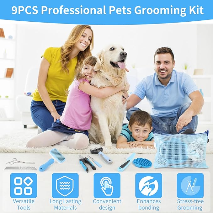 Cat Grooming Brush, 9PCS Dog Brush Kit with Pet Nail Clipper and File, Deshedding Brush for Cats, Cats Dog Shedding Brushs for Small Large Pets, Includes Flea Comb, Bath Brushs,Undercoat Rake (Blue)-PawvioPets