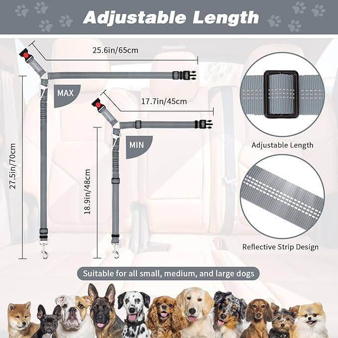 BWOGUE 2 Piece Dog Seat Belt for Car with Elastic Bungee Buffer Safety Seatbelt Car Headrest Restraint Wear Adjustable Metal Buckle Harness in Vehicle Travel for Pet-PawvioPets
