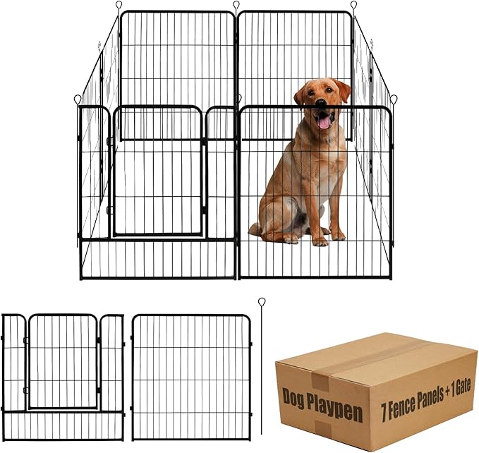 Dog Playpen,24 32 40 48 in(H) Pet Fence Outdoor for Rv Camping,Garden Fence Medium Animal Barrie for Yard,11Ft(L)-56Ft(L) Black Metal Temporary Fencing-PawvioPets