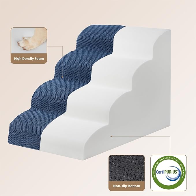 EHEYCIGA Curved Dog Stairs Ramp for High Beds 19.7" H, 4-Step Dog Steps for Small Dogs and Cats, Pet Stairs for High Bed Climbing, Non-Slip Balanced Pet Step Indoor, Navy-PawvioPets