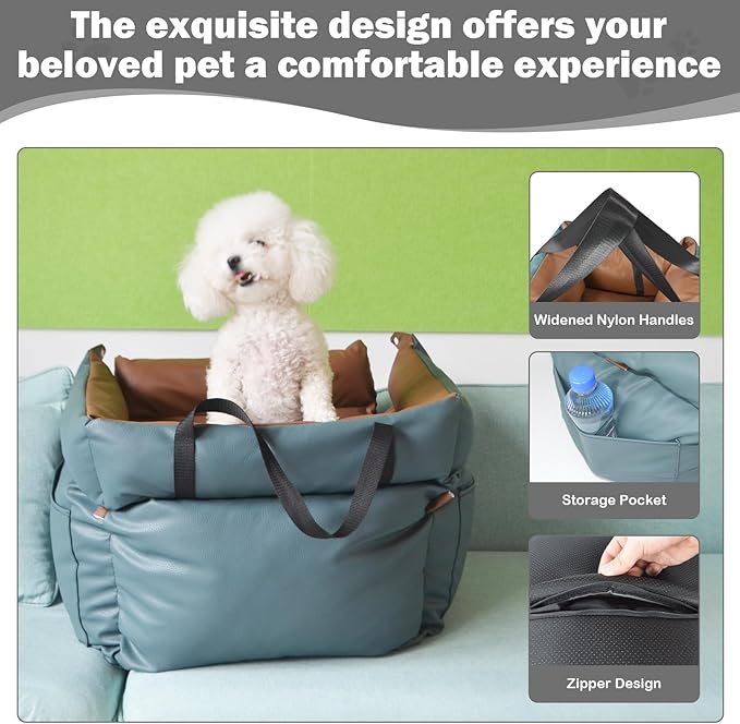 Dog Car Seat for Small Dogs, Large Leather Dog Car Bed with Storage Pocket, Waterproof PVC Leather Booster Seat Travel Bed for Front & Back Seat, Clip-On Safety Leash (Blue/Brown)-PawvioPets