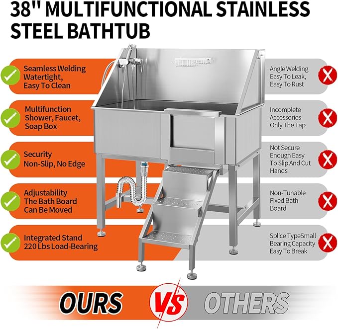 Dog Washing Station 38'' Stainless Steel Pet Grooming Tub for Large Dogs Over-Size Professional Dog Grooming Bathtub Station Wash Shower Sink Pet Grooming Bathtub Station,Right Door-PawvioPets