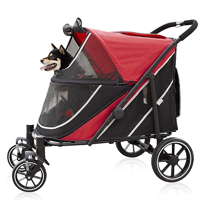 Dog Stroller for Medium/Large Dogs One-Click Folding, Extra Large Pet Stroller for 2 Dogs with Storage Pocket & Shock Absorption, Up to 130 lbs, Red-PawvioPets