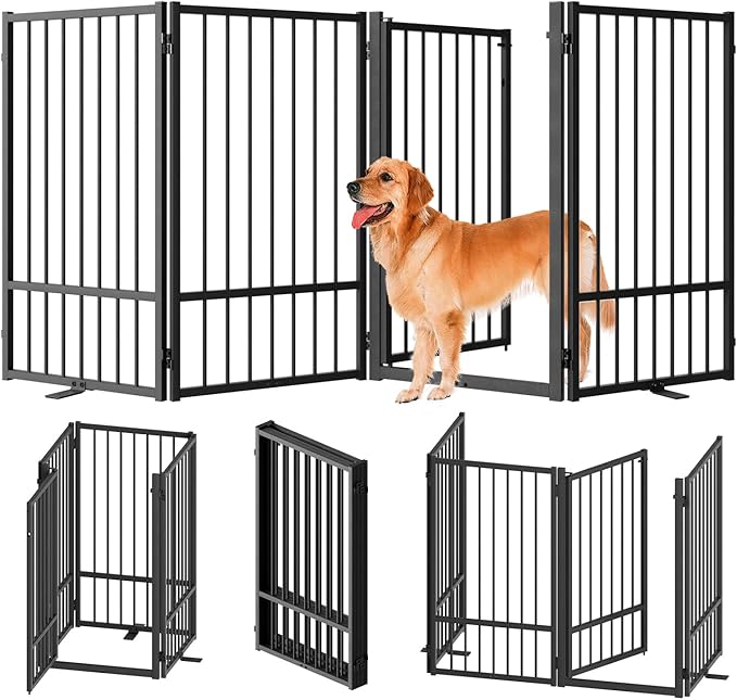 Full Metal Freestanding Dog Gate with Door, 36''Height Foldable Pet Dog Fence for Indoor & Outdoor, 4 Panels Extra Wide Free Standing TallDog Gates for Doorways,House,Stairs,Porch,Deck,Yard-PawvioPets