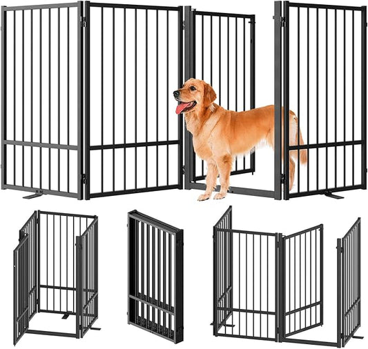 Full Metal Freestanding Dog Gate with Door, 36''Height Foldable Pet Dog Fence for Indoor & Outdoor, 4 Panels Extra Wide Free Standing TallDog Gates for Doorways,House,Stairs,Porch,Deck,Yard-PawvioPets