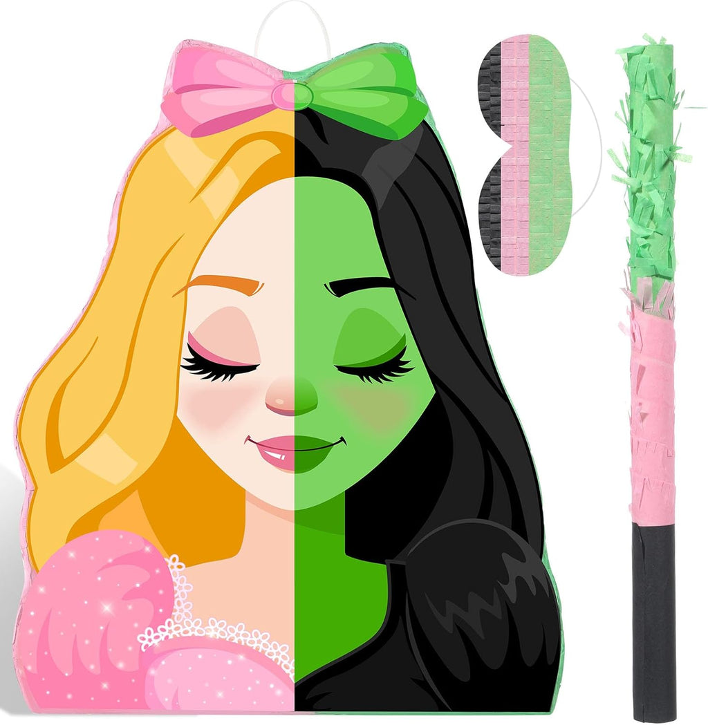 Kasyat Witch Princess Piñata Party Game Set Halloween Witch Piñata with Bat Stick Blindfold Pink Green and Black Party Decor for Halloween Birthday Baby Shower Game Supplies Decor (Movie)