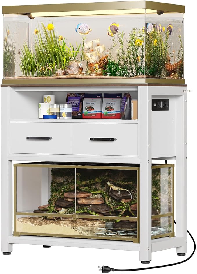 20-29 Gallon Fish Tank Stand with Power Outlet & 2 Storage Drawers, Heavy Duty Metal Frame Aquarium Stand with Waterproof Mat, 30.7" L*15.7" W Tabletop, 550LBS Capacity, White+Brown-PawvioPets
