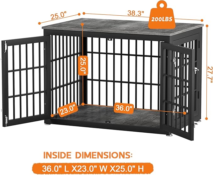 38 Inch Heavy Duty Dog Crate Furniture for Large and Medium Dogs, Decorative Pet House End Table, Wooden Cage Kennel Furniture Indoor, Gray-PawvioPets