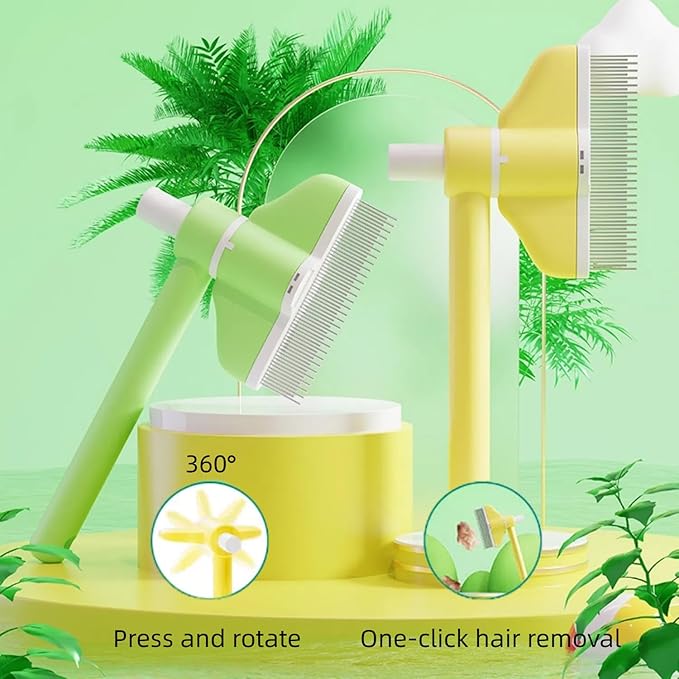 360° Press and Rotate Flea Comb for Cats and Dogs - Self-Cleaning Pet Hair Removal Tool with Release Button & Long-Short Stainless Steel Teeth for Shedding (Green and Yellow)-PawvioPets
