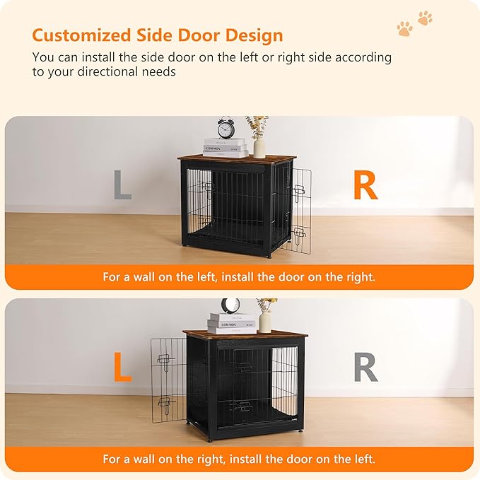 DWANTON Dog Crate Furniture with Cushion, Wooden Kennel Table with Double Doors, Indoor Dog House, Small/Medium/Large Size, 27.2" L, Black+Rustic Brown-PawvioPets