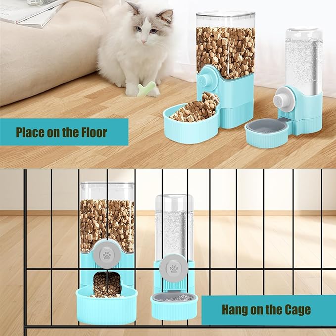 GPY Automatic Hanging Gravity Pet Feeder and Water Dispenser Set ，Automatic Dog Feeder and Dog Water Dispenser for Dogs Cats Pets Animals Large Capacity (Blue Water Feeder&Food Feeder) (Blue)-PawvioPets