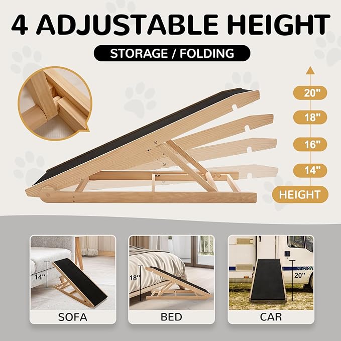 ABORON Dog Ramp,Adjustable Folding Pet Ramp for Bed,Couch,SUV - High Traction Portable Rubber Paw Ramps,Great for Small & Large Old Dogs & Cats, Supports up to 200 lbs-PawvioPets