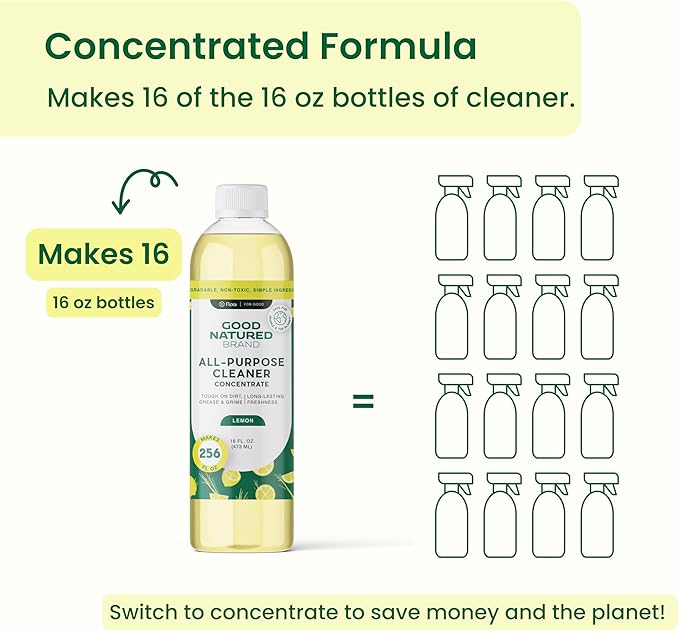 Good Natured Brand All-Purpose Cleaner Concentrate | Multi-Surface Cleaner | Natural Lemon Essential Oil | Multipurpose Cleaner Concentrate All Surfaces | Lemon Love | 16oz makes 256oz-PawvioPets