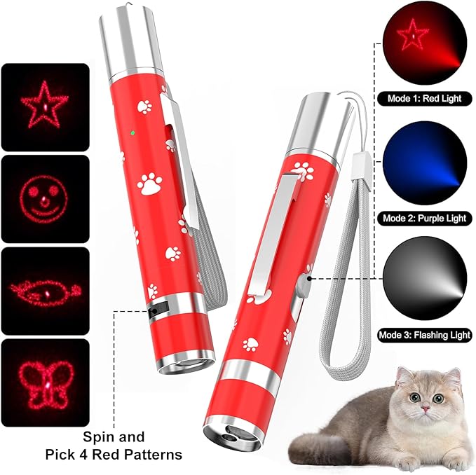 EAWONGEE Cat Toys Rechargeable, Indoor Cats Chase Light, Interactive for Kitty Pet Dog with 3 Light Modes 5 Patterns, Red-PawvioPets