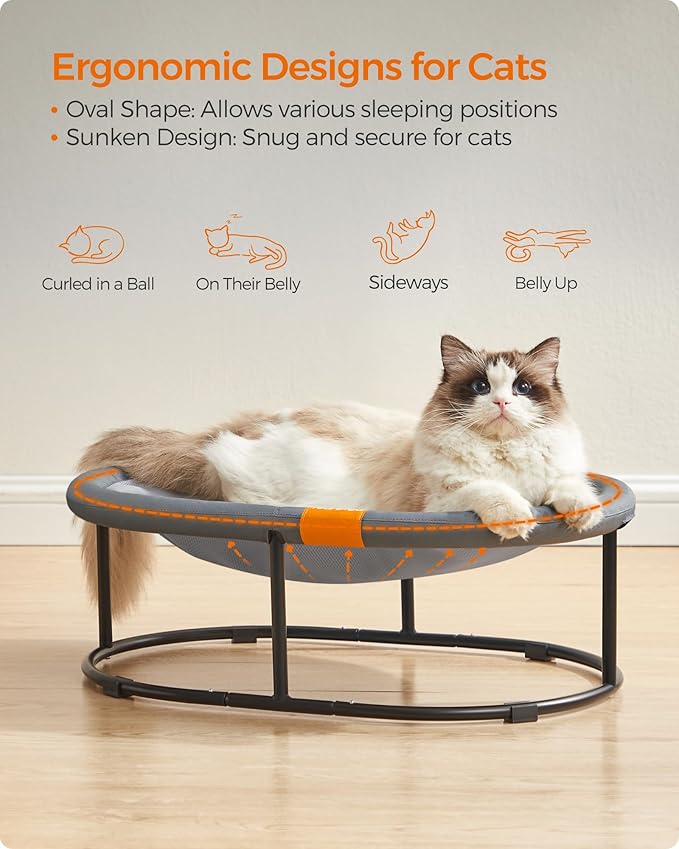 Feandrea Pet Bed, Cat Hammock, Elevated Cat Bed for Multiple Cats, with Removable Washable Mesh, for Pets up to 28 lb, Oval, Gray UPCB002G01-PawvioPets