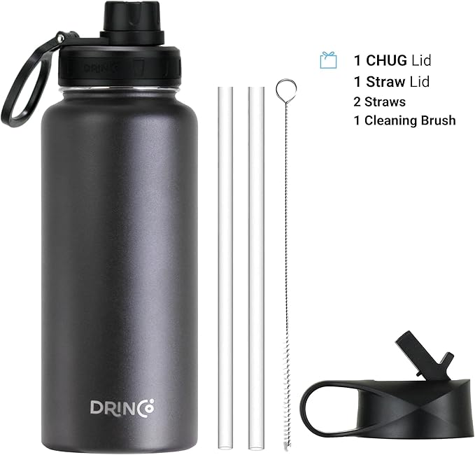 DRINCO Stainless Steel Water Bottle Spout Lid Vacuum Insulated Double Wall Water Bottle Wide Mouth (40oz 32oz 22oz 18oz 14oz) Leak Proof Keep Cold Sport Camping Hiking (32 oz, 32oz Black)-PawvioPets