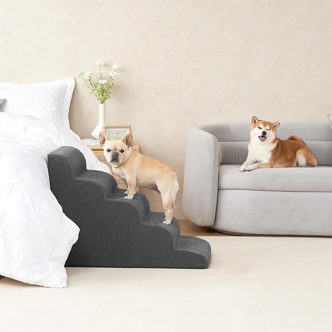 EHEYCIGA Curved Dog Stairs Ramp for High Beds, 5-Step Extra Wide Dog Steps for Small Dogs and Cats, Pet Stairs for High Bed Climbing, Non-Slip Balanced Pet Step Indoor, Grey-PawvioPets