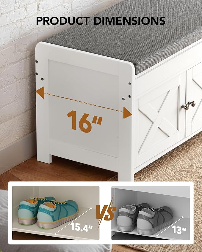 Amada Shoe Storage Bench, Entryway Bench with Cushioned Seat & Lift Top Storage, 3 Doors, Adjustable Shelf, 300 lbs Capacity, Bench with Shoe Rack for Entryway, Bedroom, Living Room, White-PawvioPets