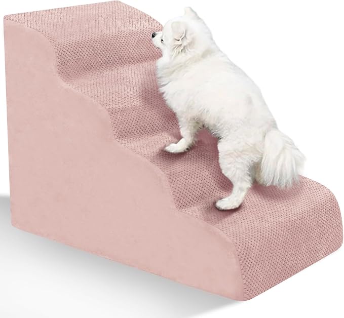 Dog Stairs for Small Dogs - High Density Foam Pet Steps, Extra Wide Dog Ramp with Non-Slip Bottom for High Beds, Couch and Sofa, Best for Dogs Injured, Older Doggy Cats,4 Stpes, Pink-PawvioPets
