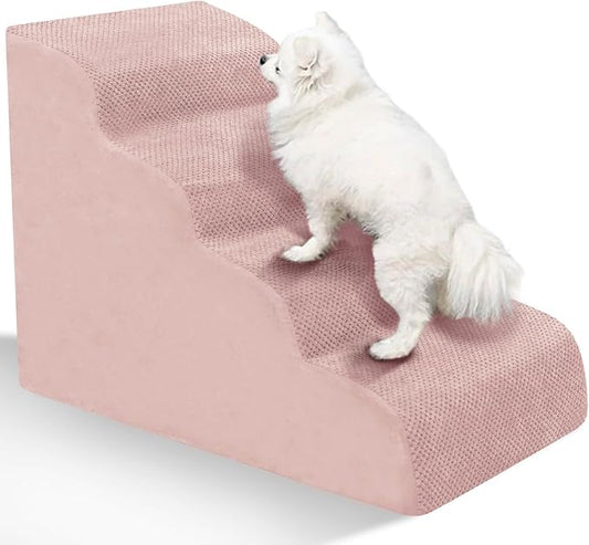 Dog Stairs for Small Dogs - High Density Foam Pet Steps, Extra Wide Dog Ramp with Non-Slip Bottom for High Beds, Couch and Sofa, Best for Dogs Injured, Older Doggy Cats,4 Stpes, Pink-PawvioPets