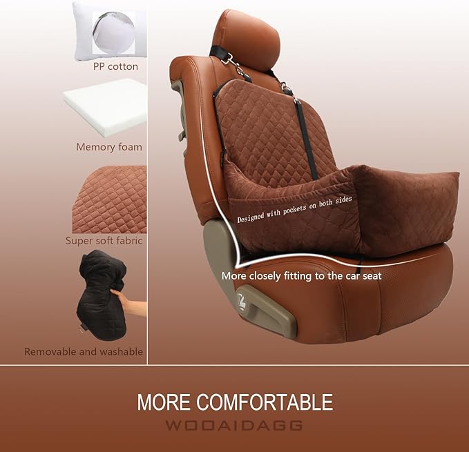 Dog Car Seat for Small Dogs,Covered Soft Fabric and Fill in Memory Foam,Easy to Assemble and Fully Detachable,2 Clip-On Safety Leashes and Storage Pockets(Brown)-PawvioPets