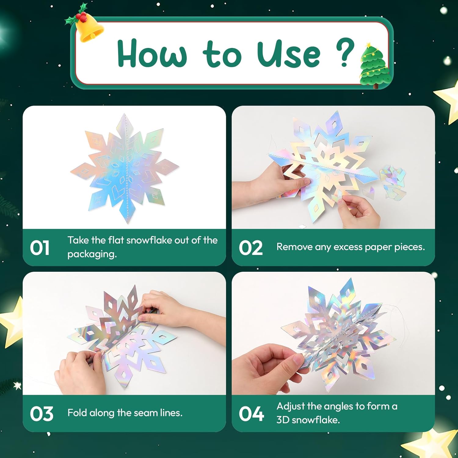 Benbilry 3D Hanging Snowflake Decorations for Christmas Tree, 36pcs 3 Size Winter Wonderland Decorations for Frozen Birthday Party, Christmas Home Decor - 18pcs Iridescent and 18pcs Gold Color