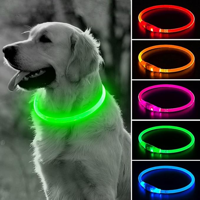 BSEEN Light Up Dog Collar - LED Dog Collar Rechargeable, Glowing Pet Collars for Small Medium Large Dogs, TPU Cuttable Lighted Puppy Collar, Safety Dog Lights for Night Walking (Green 70cm)-PawvioPets