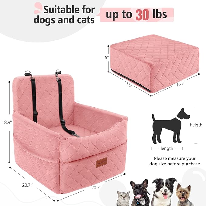 Dog Car Seat for Small Medium Dogs, Memory Foam Puppy Dog Booster Seat with Thick Cushion for Dogs Under 35lbs, Detachable Washable Pet Car Seat Travel Bed with Storage Pockets,2 Safety Belts-PawvioPets