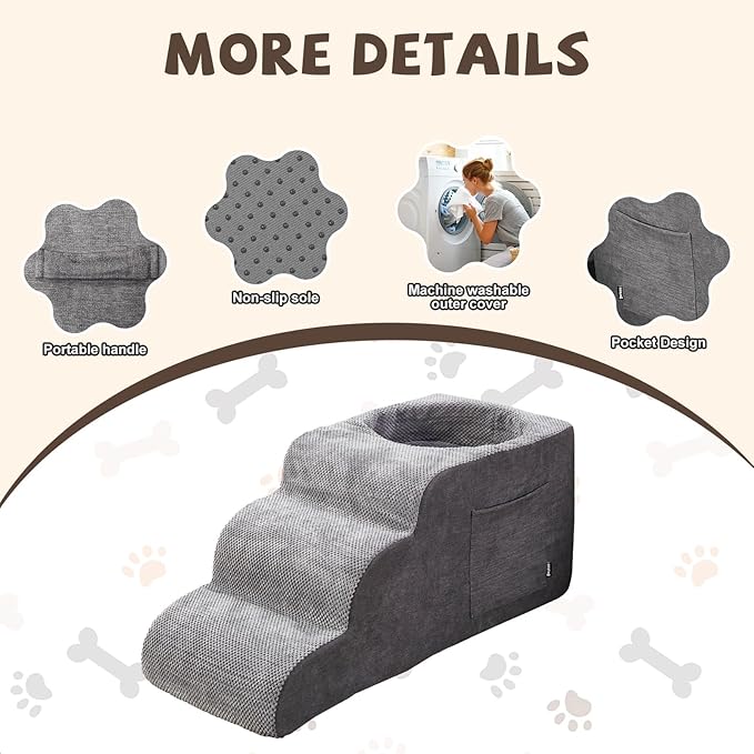 Dog Stairs, Dog Stairs for Small Dogs, 3-Step Pet Stairs, Dog Steps for Bed, Dog ramp, pet Stairs for high beds, Old Dog pet Steps, Non-Slip Pet Step Indoor, Grey-PawvioPets