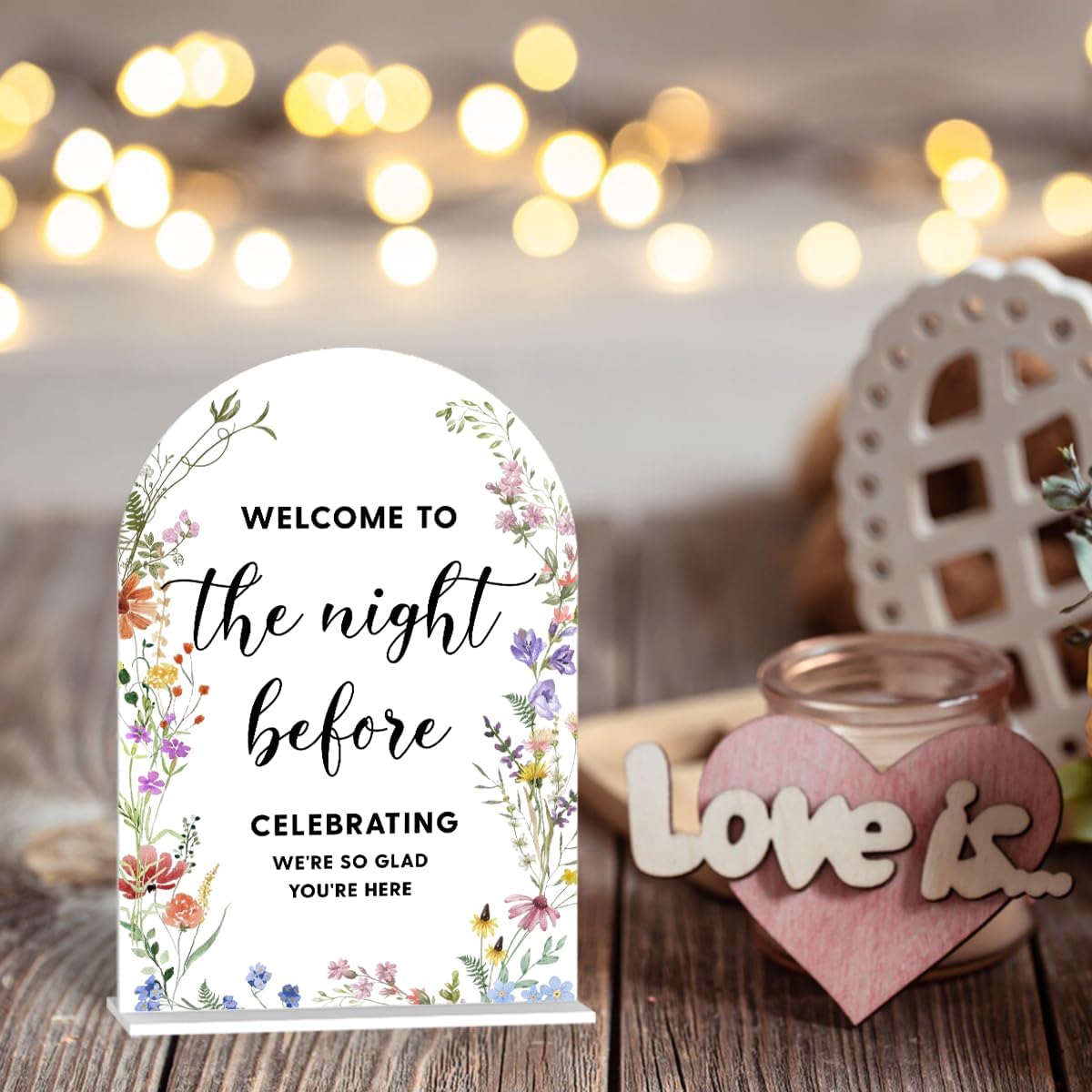 Acrylic Wedding Signs, Bridal Shower Decorations, Modern Arched Round Top Acrylic Table Top Sign with Holder for Wedding Reception Party Dinner - Welcome to The Night Befor (White Wildflowers)